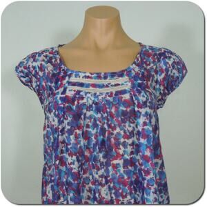 JESSICA SIMPSON Blouse XS Printed Spots Back Lace Inset Cap Sleeves